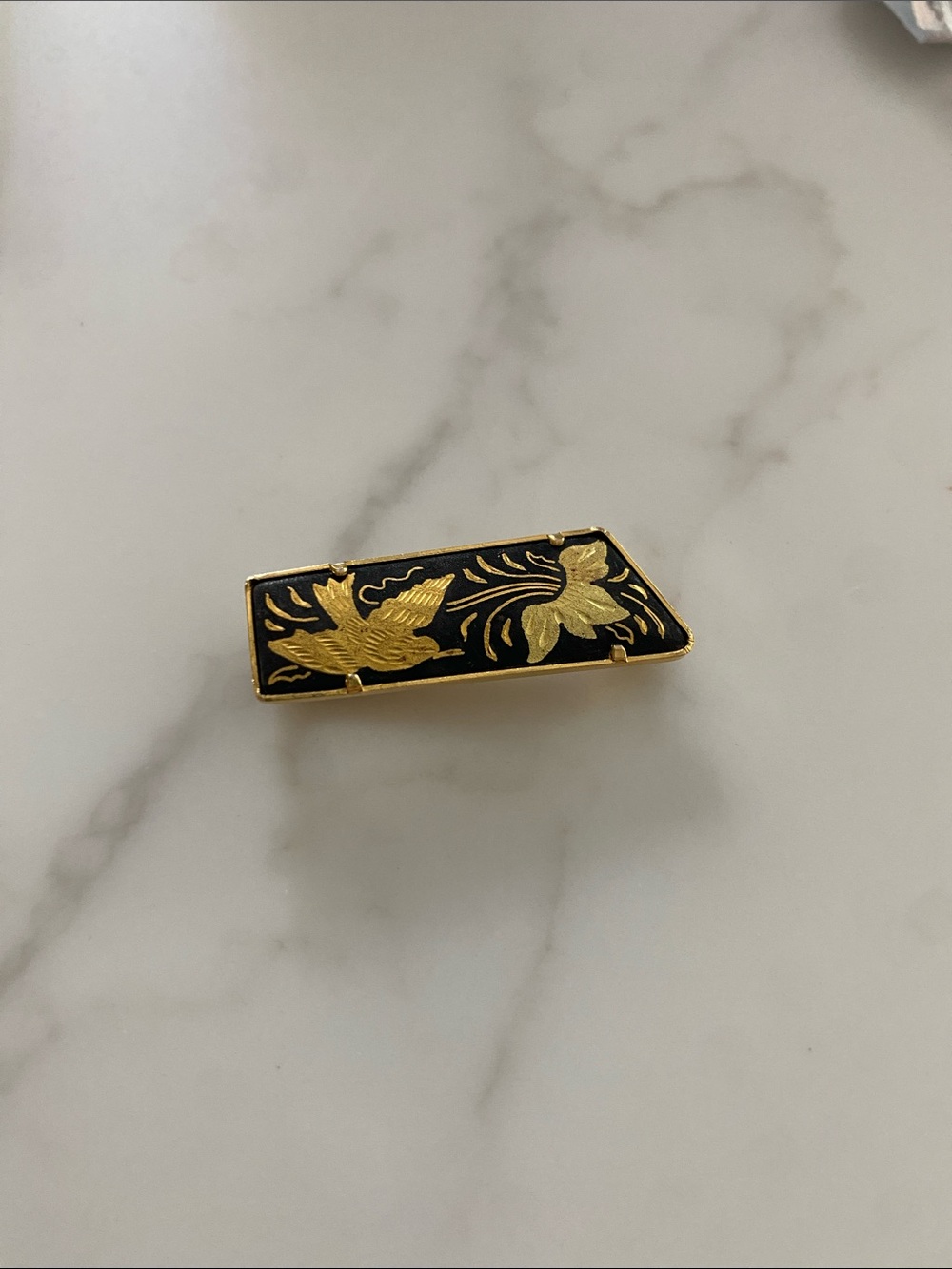 Vintage Damascene Black and Gold Enamel Floral Bird Tie or Scarf Clip